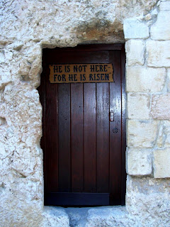 He is not here, he has risen, just as he said the Matthew 28:6 bible verse on wooden door picture
