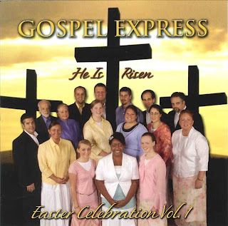 He is risen Easter cd cover of Gospel Express with their team members and three crosses hot image