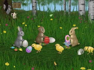 Happy Easter 2009 funny anime bunnies with colored eggs in the green grass of garden hot picture