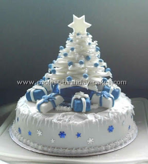 Beautiful Christmas cake designed as Christmas tree with white and cyan color stars sexy photo