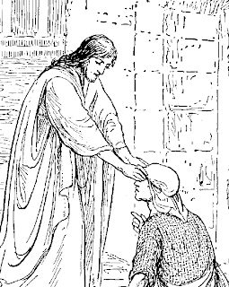 Jesus Christ Miracle as he healing and giving eye to blind man coloring page for children Christian religious inspirational photo