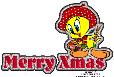 Merry x-mas(Christmas) wishes greeting image with beautiful and cute tweety in Santa dress free download Christmas Christian coloring pages and clip art pictures