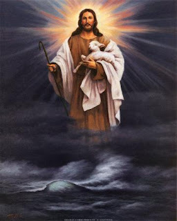 Drawing art photo of Christ holding the lamb in hands and walking on the sky of clouds above the sea water