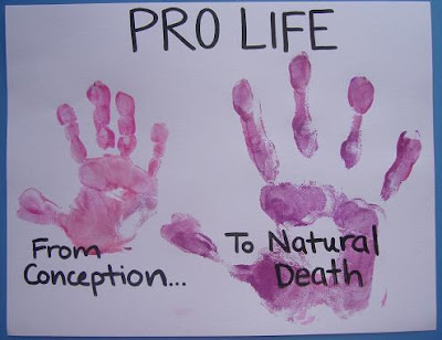 Hand print pro life sign, from conception to natural death