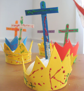 Lineup of foam crowns and crosses