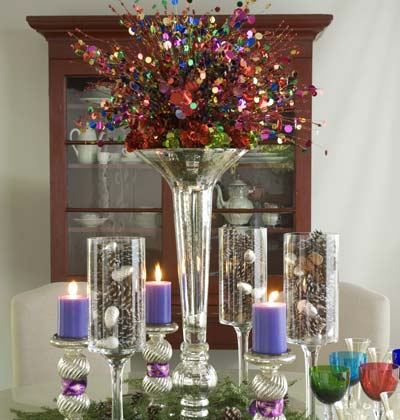 An explosion of color and shine sets a festive table for a New Year 39s Eve 