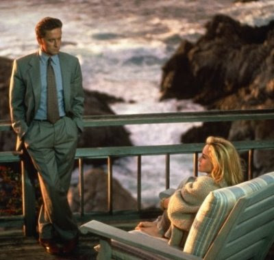 Michael Douglas and Sharon Stone in Basic Instinct at cliffside mansion