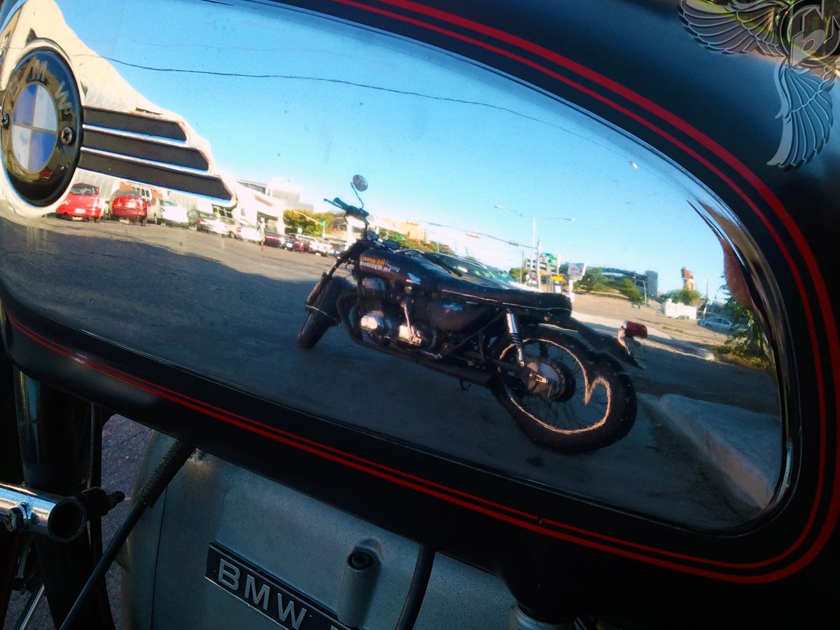 cb750 cafe reflected in bmw r75 tank