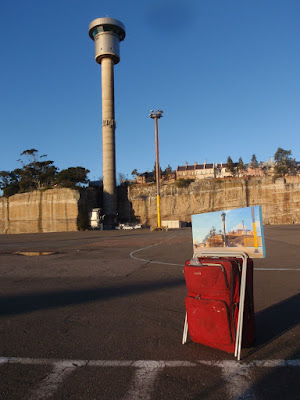 Plein air painting of the Harbour Control Tower from Barangaroo by industrial heritage artist Jane Bennett