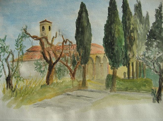 An old monastry with an olive orchard