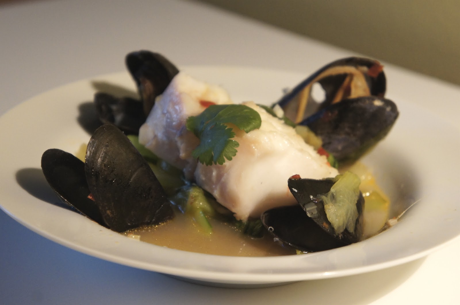 Thyme Steamed Red Snapper and Mussels in Coconut Broth and Lemon Grass