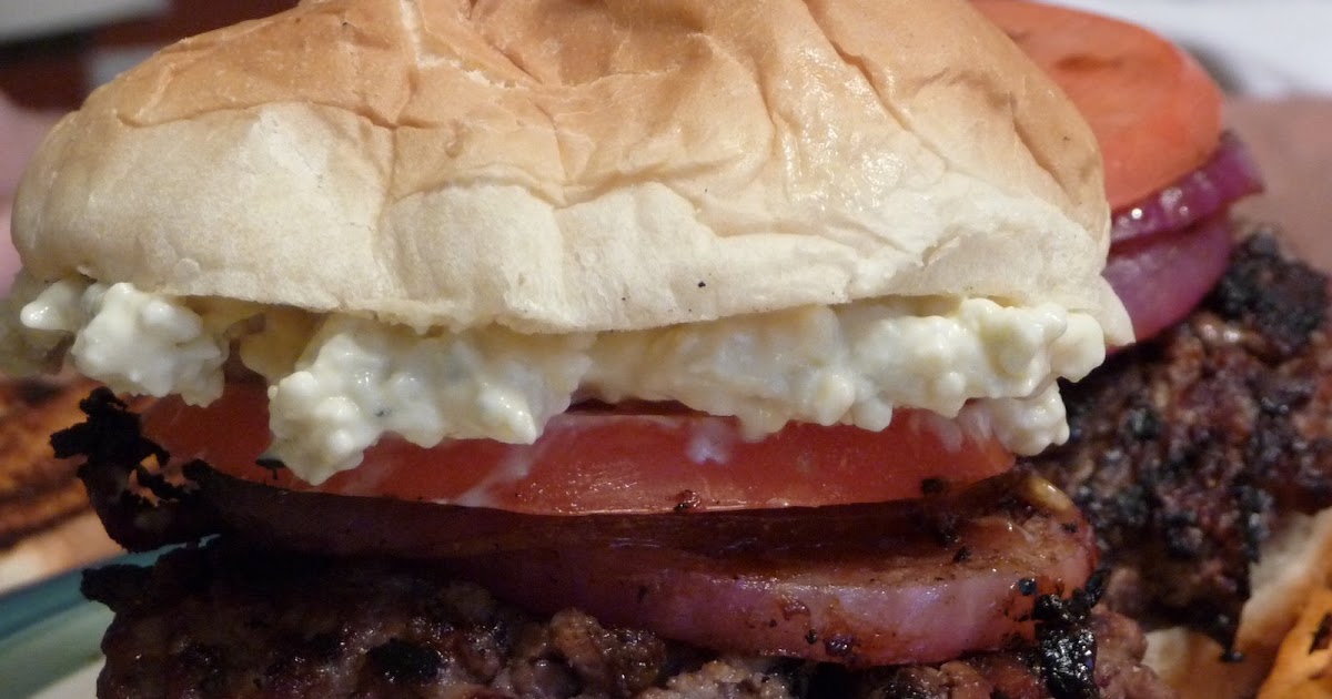 Love At First Bite Grilled Burgers with Blue Cheese Mayonnaise and Barbecued Red Onions
