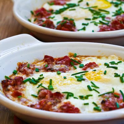 Tuscan Baked Eggs with Tomatoes, Red Onion, Garlic, Parmesan, and Herbs found on KalynsKitchen.com