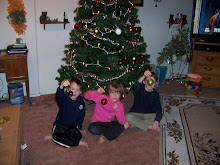 spencer, jaden, and sissy in front of the tree with the ornaments