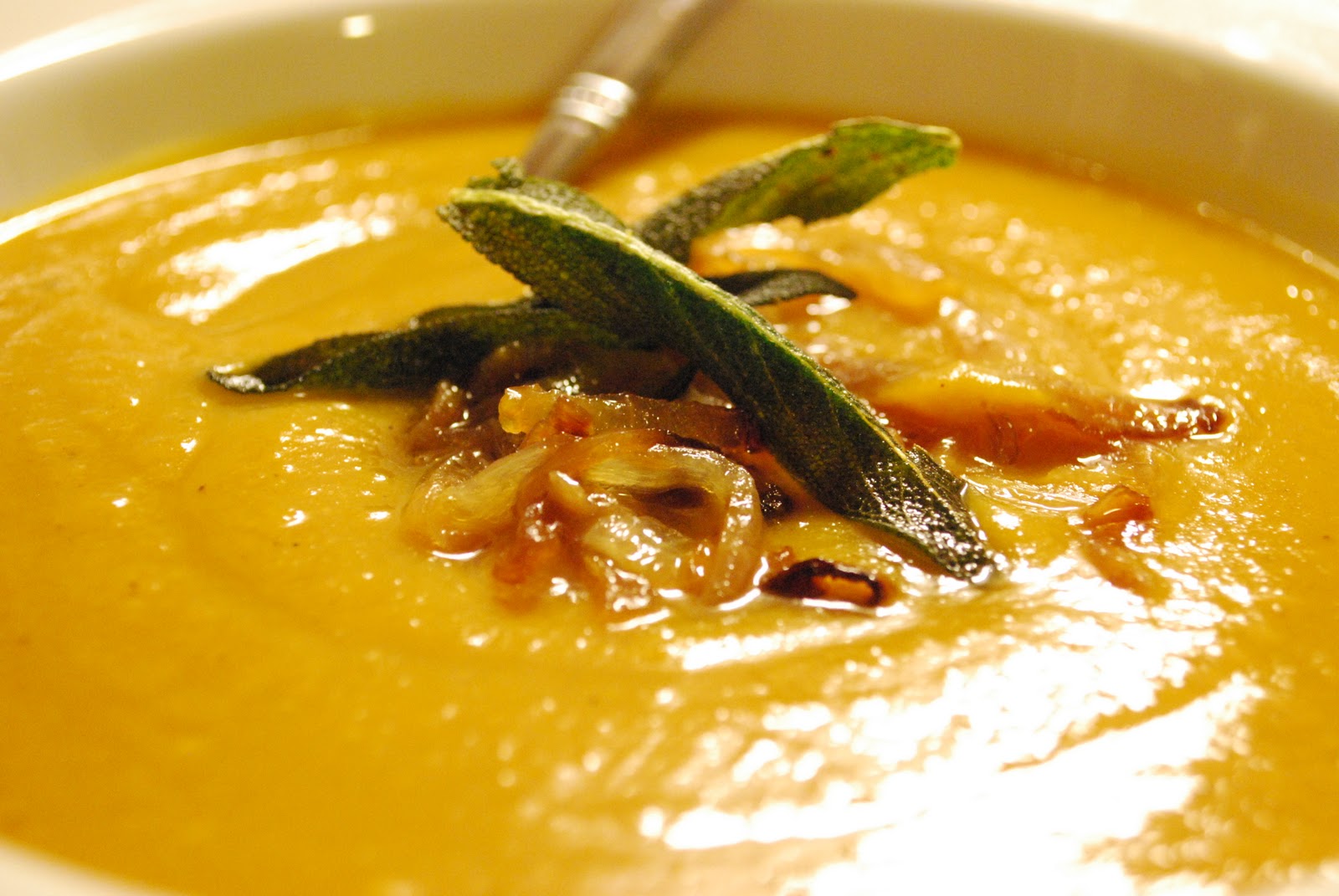 Roasted Butternut Squash Soup with Caramelized Onions & Sage Plantains & Challah