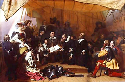 Signing of the Mayflower Compact in 1620.