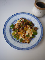 Eggs fried in chorizo, with onion, green pepper, and celery