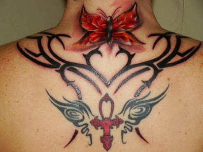 Tribal Butterfly And Cross Tattoos For Girls On Back