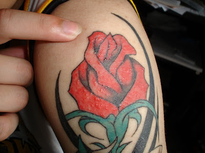 Chloe Vanessa - Red rose tattoo with sons birth date