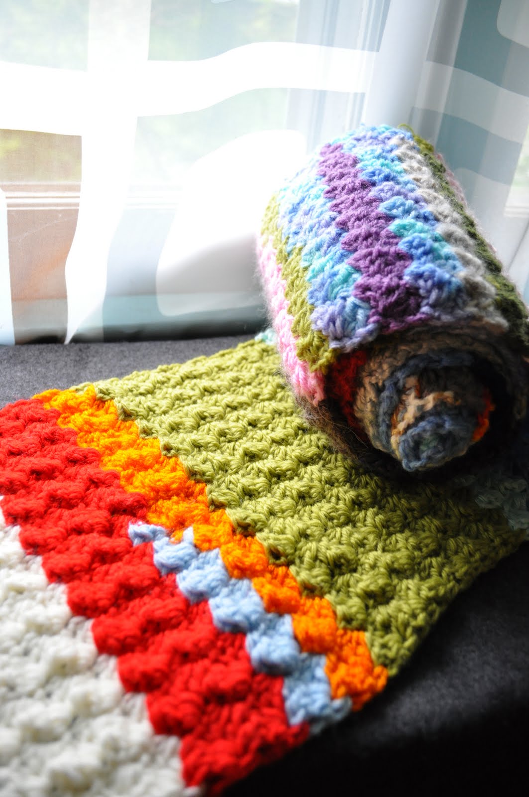 Puffed Shell Stitch Scrap Yarn Blanket and Scarf A Girl and Her Yarn