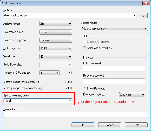 7Zip How to split a big folder size or a big file