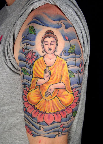 Religious tattoo, Buddha tattoo design on arm sleeves.