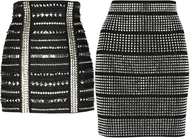 B almain ) )  Balmain+Studded+mini+skirt+and+Crystal-embellished+leather+skirt