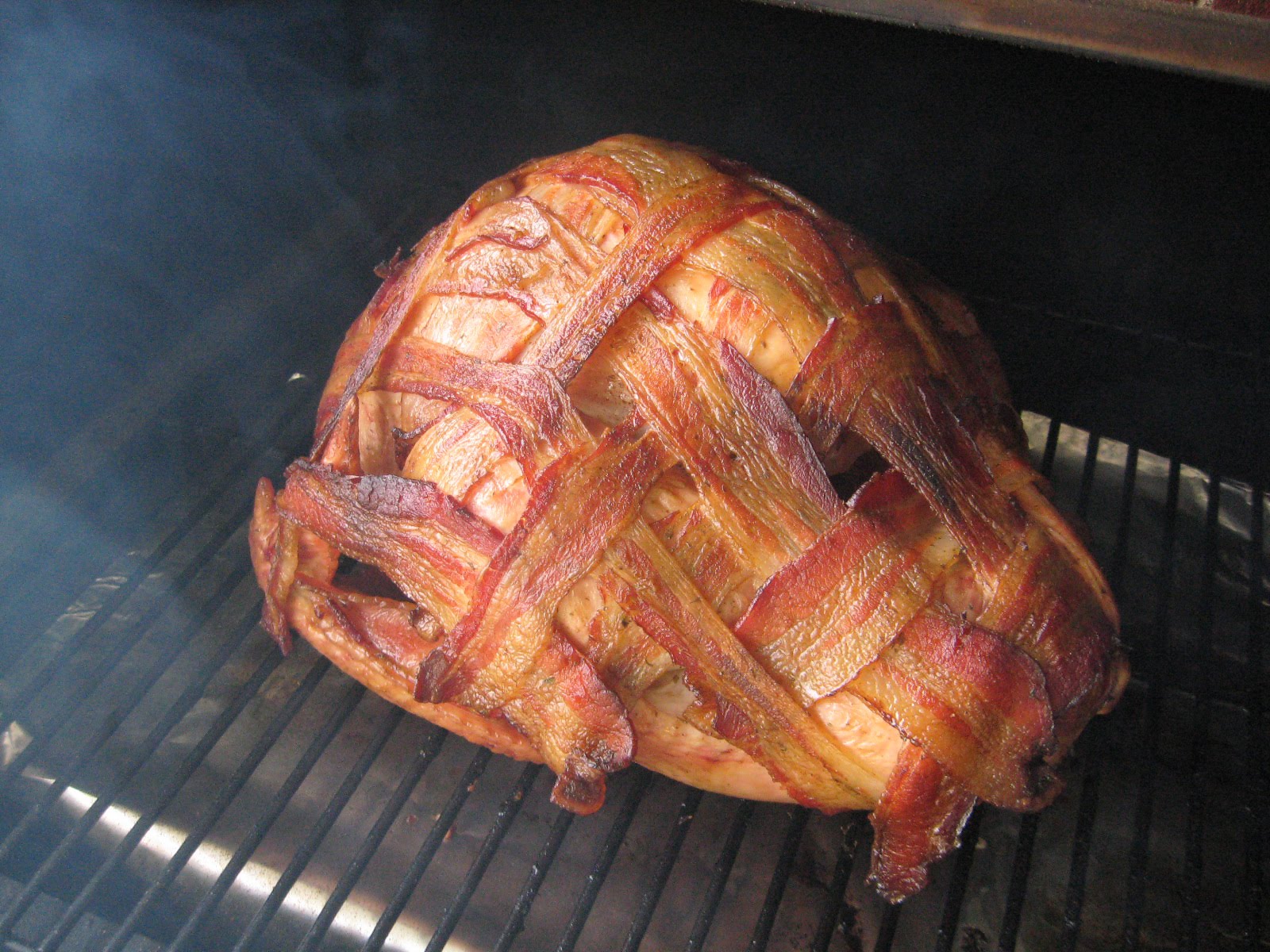 bacon weave turkey smoker things grilled barbecue traeger grill smoked smoke cooking began thanksgiving did pineapple bird draw glad tight