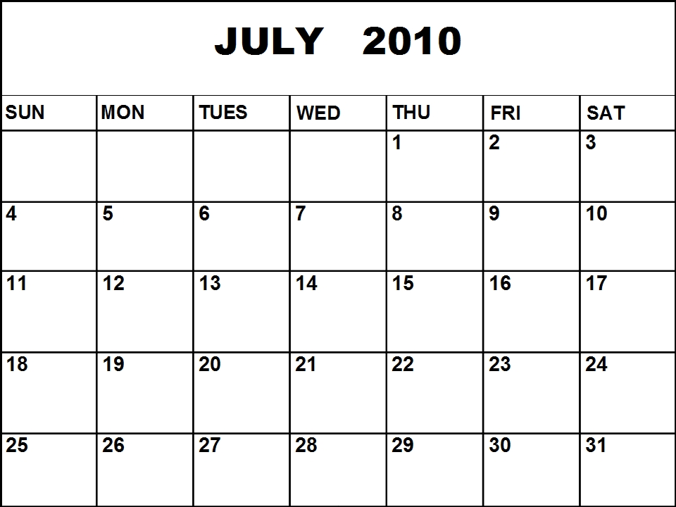 blank monthly calendar 2010.