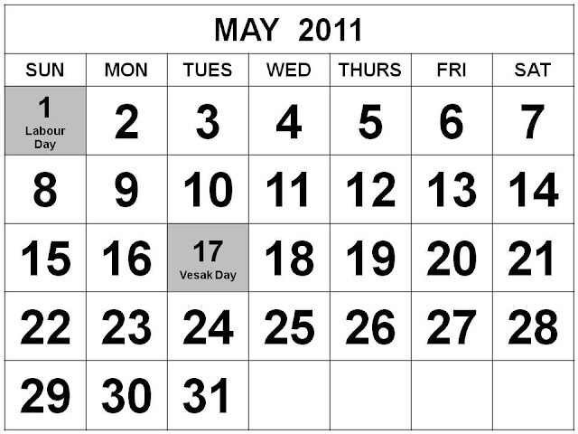 Singapore May 2011 Calendar with Holidays (PH)