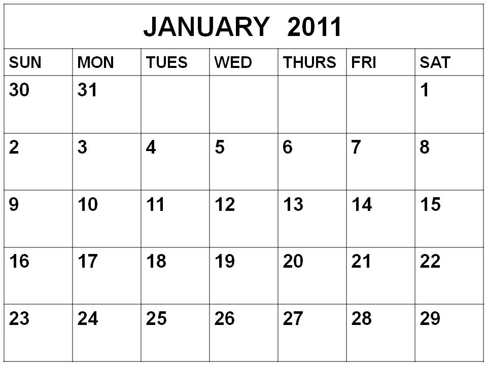 Blank January 2011 Calendar Printable Template