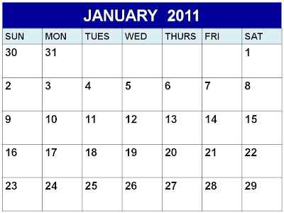 Blank January 2011 Calendar Printable Template