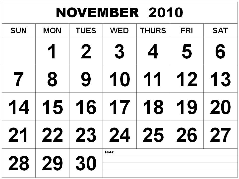 To download and print this Free Big November 2010 Calendar with Big Fonts: