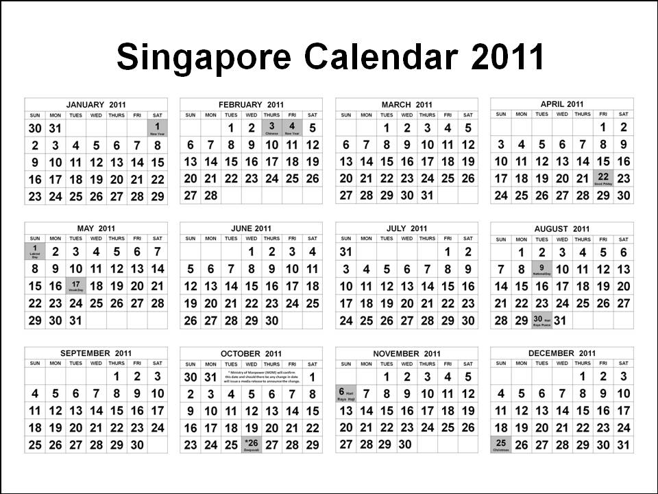 singapore 2011 calendar with public holidays. Singapore Calendars January to December 2011 in one (1) page