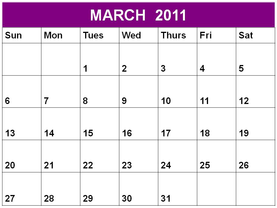 monthly calendar template march 2011. Blank March 2011 Calendar