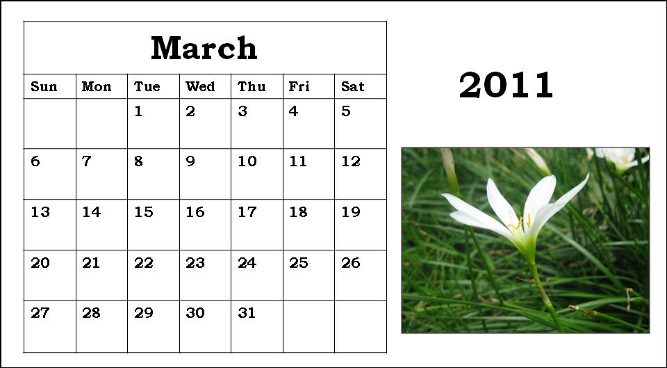 blank calendar march 2011 printable. Blank Calendar 2011 March or