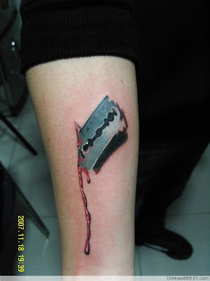 Blade cutting tattoo. Blade blood tattoo design