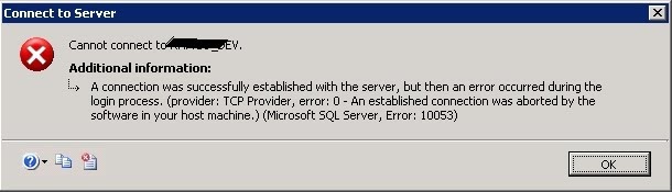 SQL Connection Error 10053  : Event ID:17809 - Solution