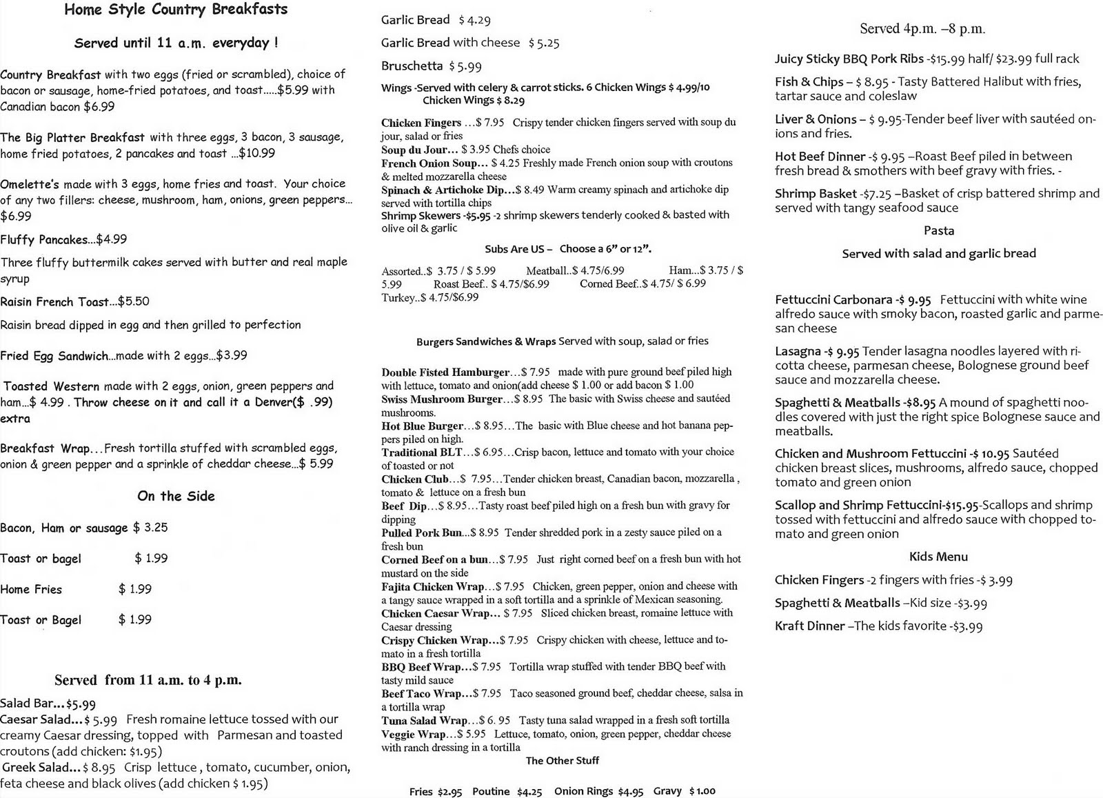 Beauview Cottage Resort BLOG Baysville 4 Corners Diner MENU