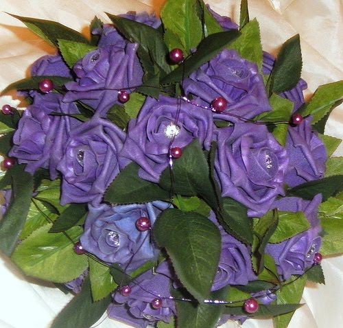 Wedding Posy Purple Bouquets of purple roses and hot pink wired beads by