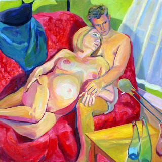 Oil painting portrait of nude pregnant couple reclining on couch with sleeping cat