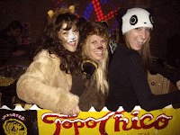 Katie Gunn, Brooke Beatty and friend in cat costume and flying box for The Boxing Lesson party