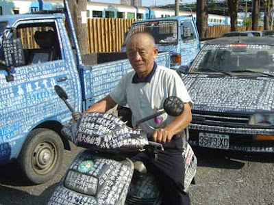 A Taiwanese pensioner covers every inch of his four vehicles with virtuous 