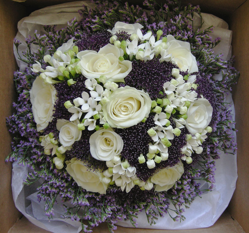 Sam 39s bouquet of roses bouvardia purple trachelium and lavender limonium