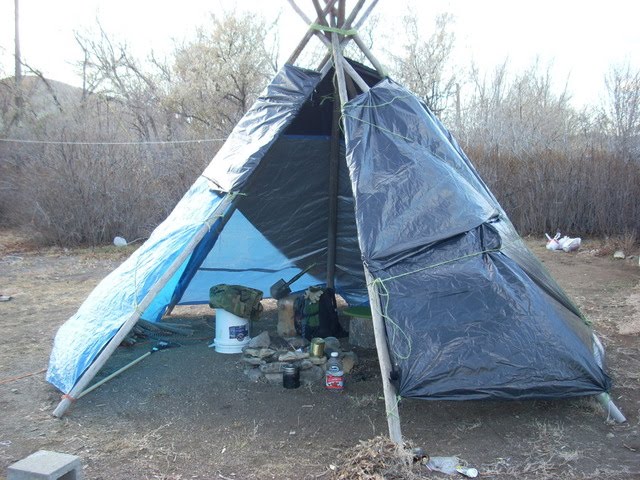 blue tarp teepee