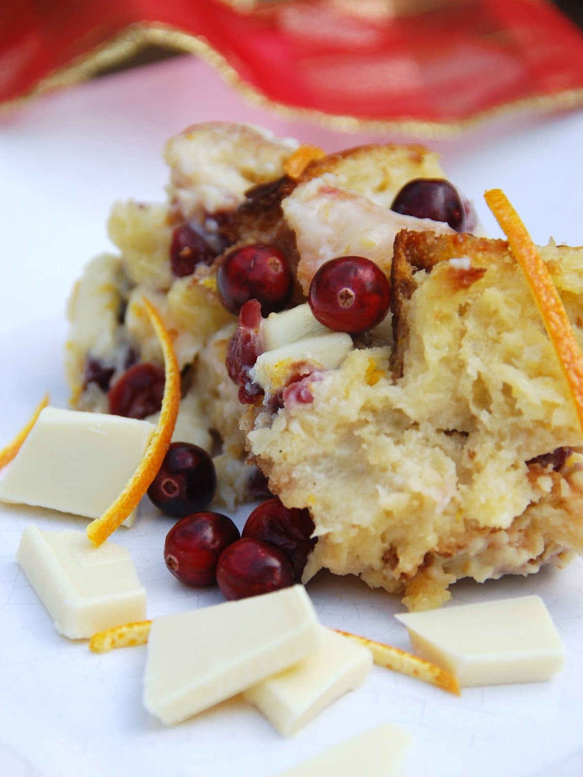 Holiday Bread Pudding with Cranberries, Orange and White Chocolate