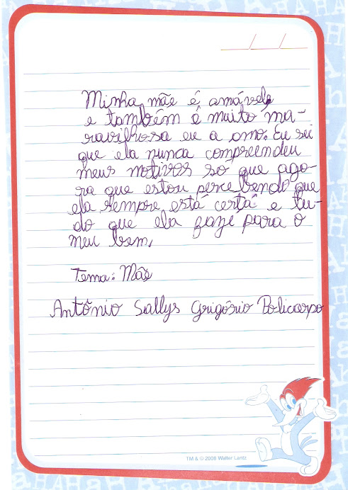 Texto de Antônio Sallys (7anos) em homenagem ao dia das mães que se aproxima
