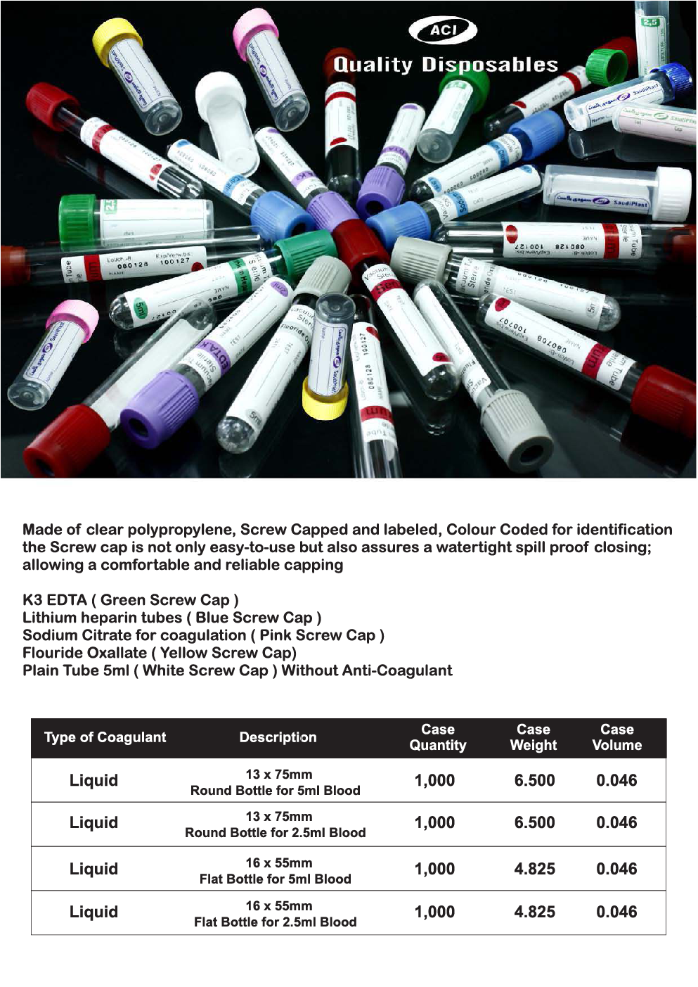 Saudiplast K3 EDTA, Lithium Heparin Tubes, Sodium Citrate, Flouride