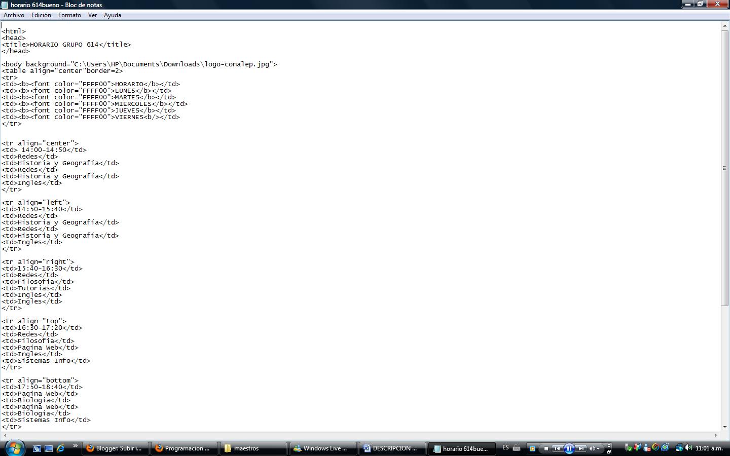 Programación y Diseño de Paginas  Tablas "HORARIO DE CLASES" Grupo 614