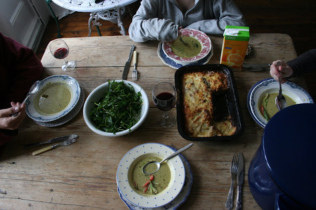 Leftovers being eaten at lunch the next day, thai soup and gratin